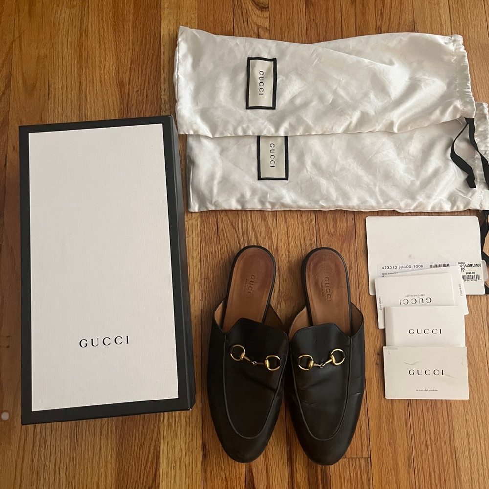 Gucci Princetown Black Leather Mules with Gold Hardware 37.5 Shoes Women